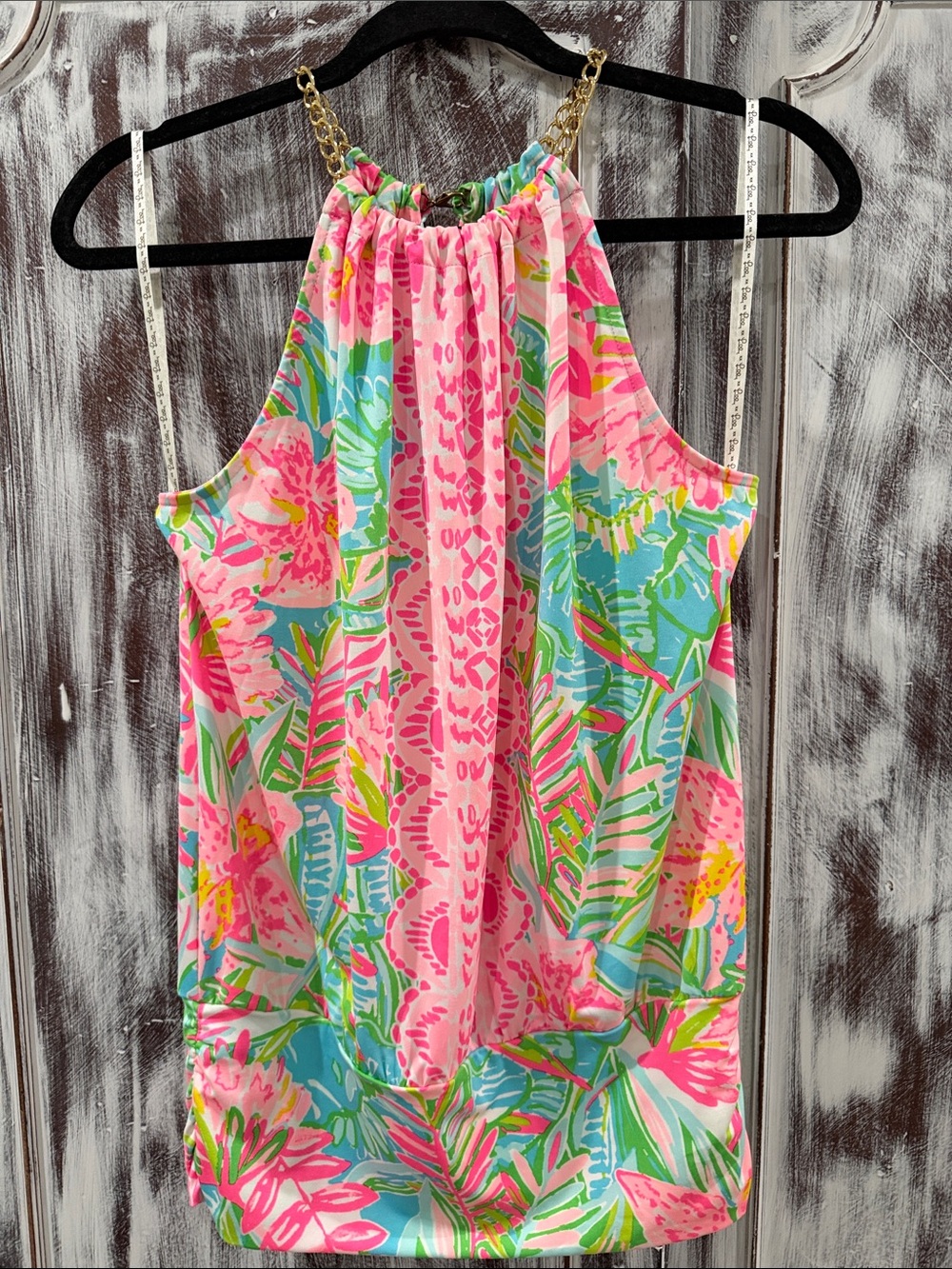 Lilly Pulitzer Pink Multi Floral Halter Tank with Gold Chain Straps